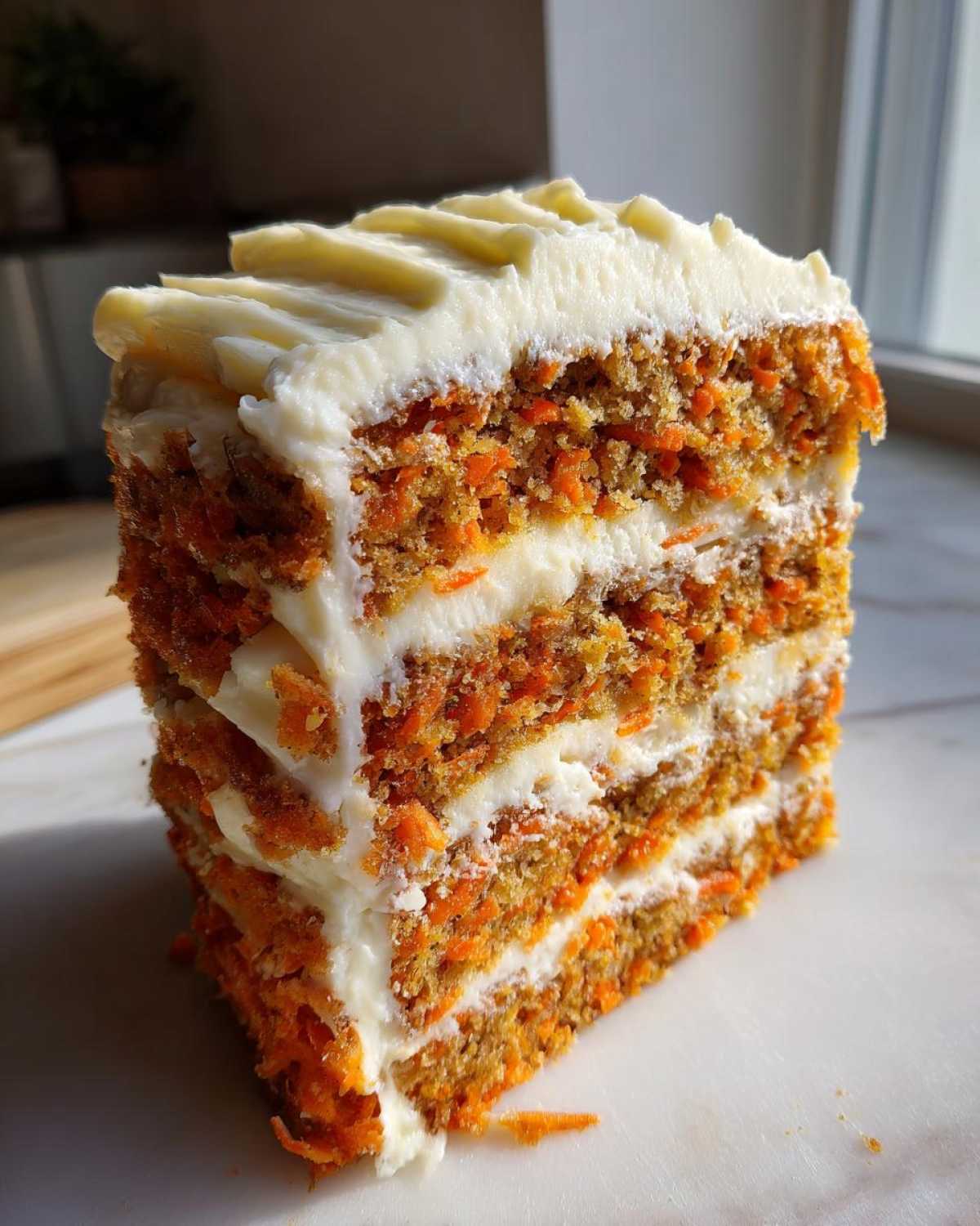 A tall slice of Moist Carrot Cake with Cream Cheese Frosting showing four layers of cake and thick frosting.