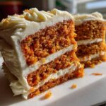 Close-up of two slices of moist carrot cake with thick layers of cream cheese frosting.