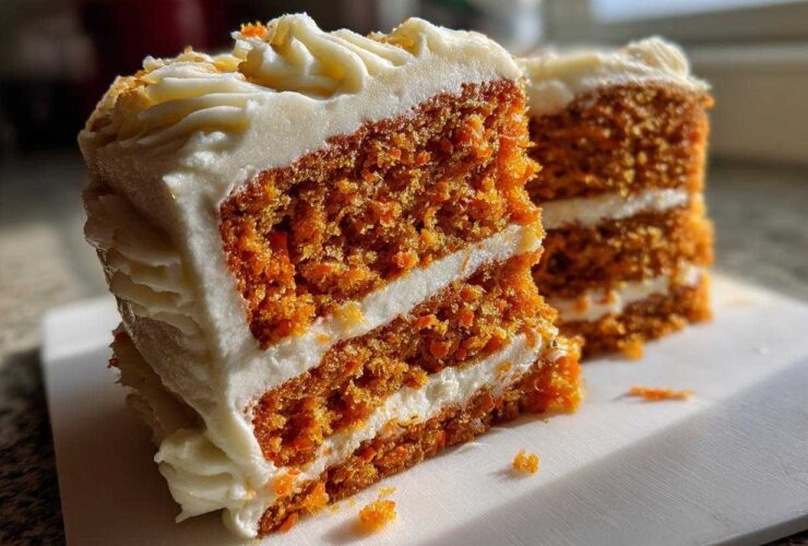 Close-up of two slices of moist carrot cake with thick layers of cream cheese frosting.