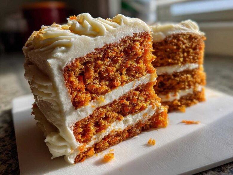 Close-up of two slices of moist carrot cake with thick layers of cream cheese frosting.