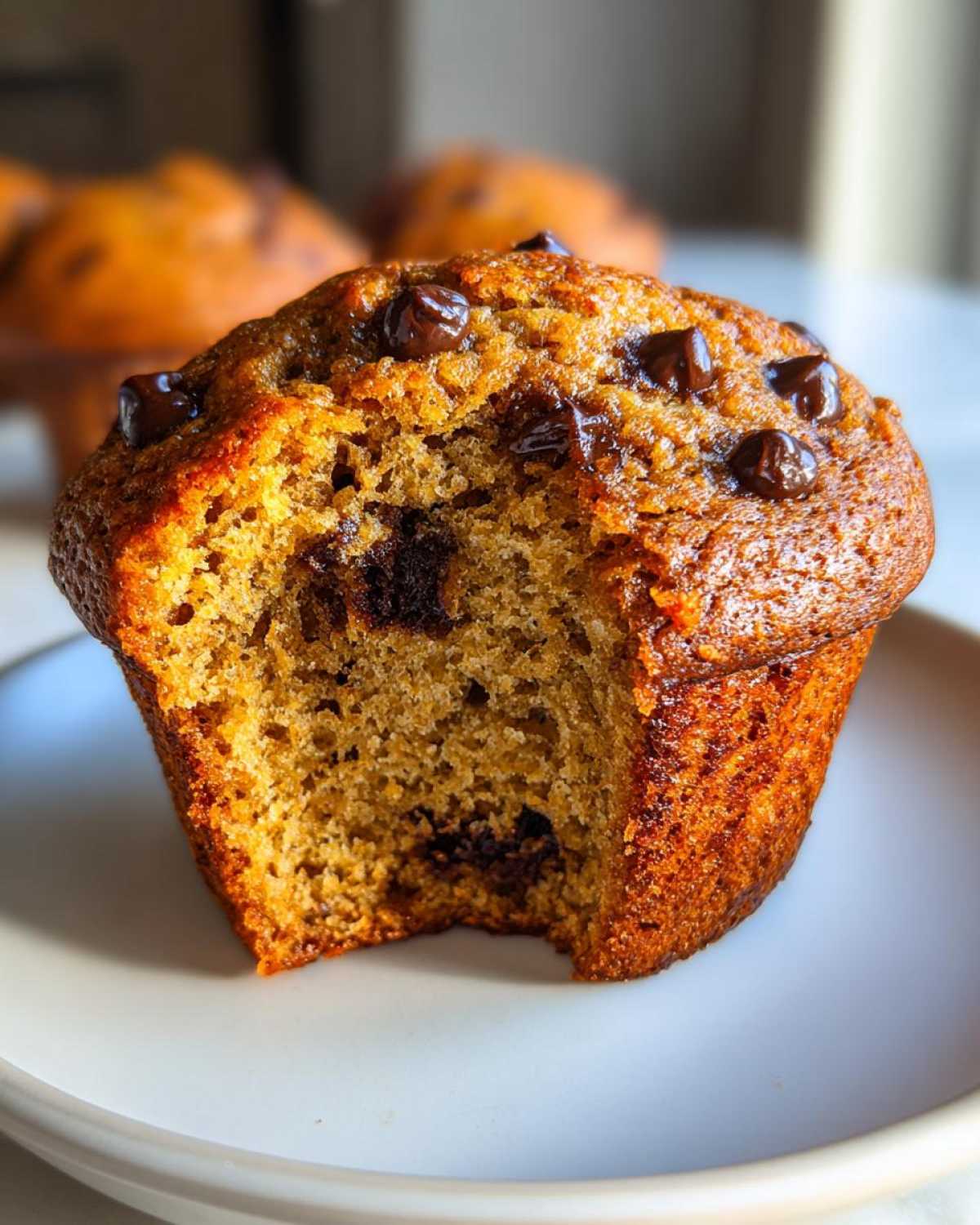 Close-up of a moist Chocolate Chip Banana Muffin with a bite taken out, showing the soft interior and melted chips.