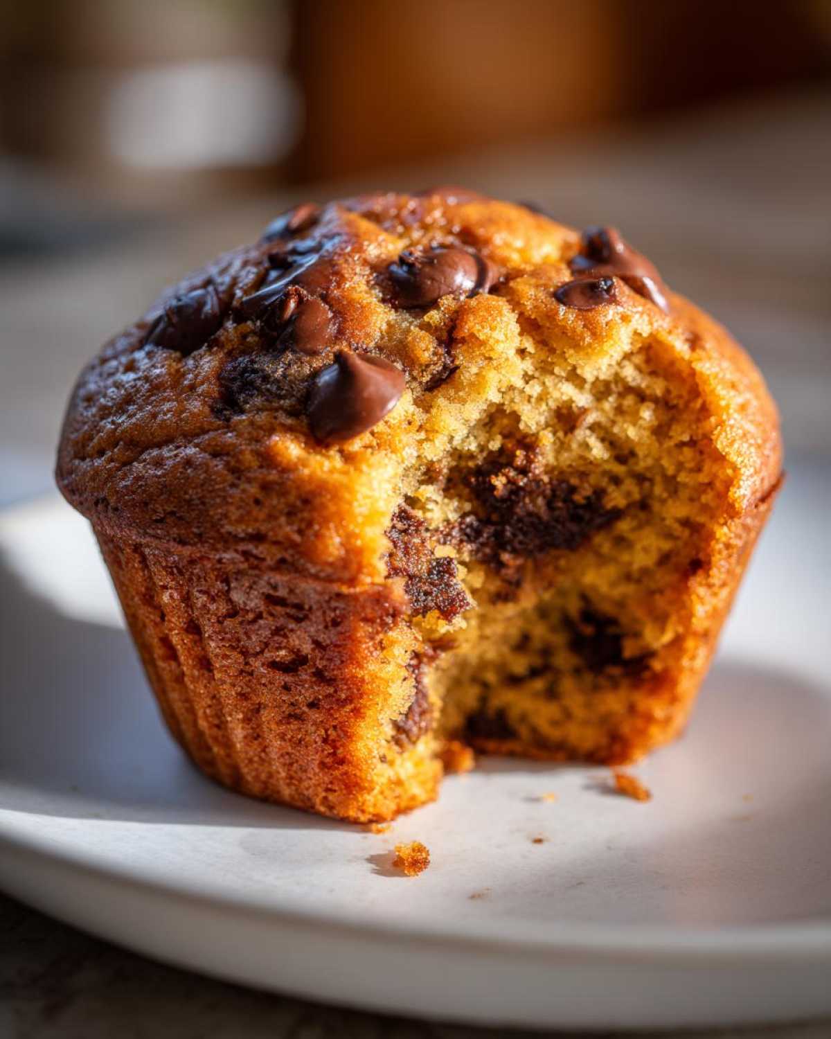 Close-up of a moist Chocolate Chip Banana Muffin with a bite taken out, revealing melted chocolate chips inside.