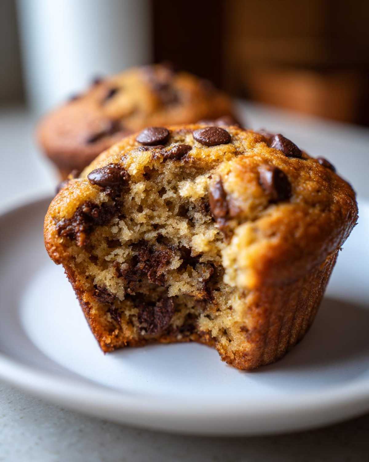 Close-up of a moist Chocolate Chip Banana Muffin with a bite taken out, revealing melted chocolate chips inside.