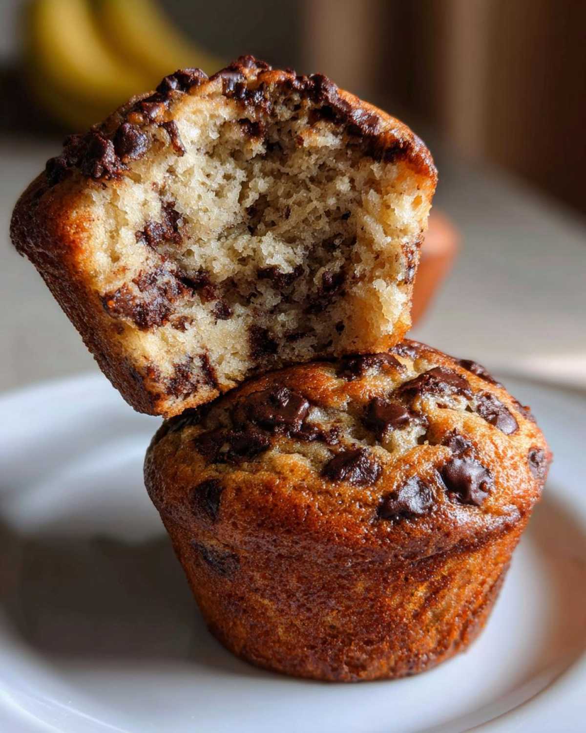 Close-up of two Chocolate Chip Banana Muffins stacked, with the top one split open showing the moist interior.
