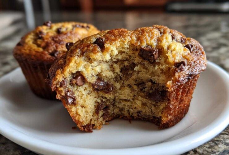 Close-up of a moist Chocolate Chip Banana Muffins, broken open to show texture and chocolate chips inside.