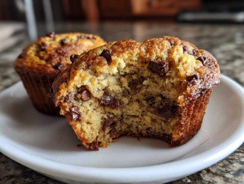 Close-up of a moist Chocolate Chip Banana Muffins, broken open to show texture and chocolate chips inside.
