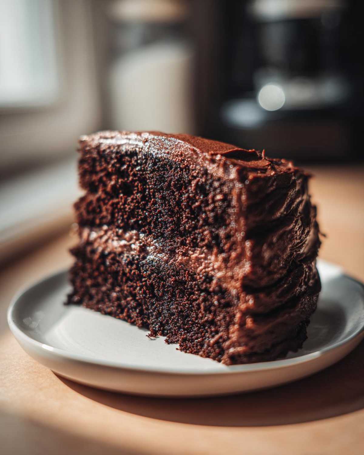 Close-up of a rich, dark slice of moist Gluten-Free Chocolate Cake layered with thick chocolate frosting.