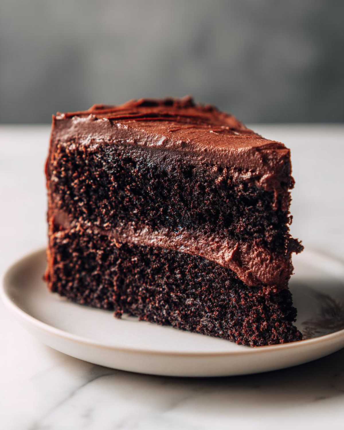 Close-up of a rich, dark slice of moist Gluten-Free Chocolate Cake layered with thick chocolate frosting.