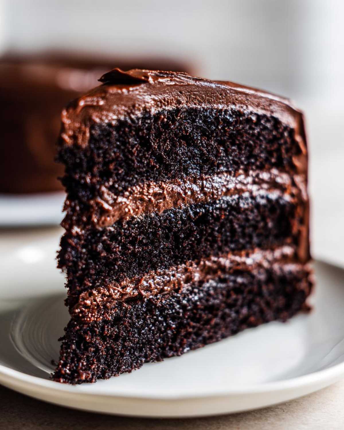 A close-up of a tall, moist slice of Gluten-Free Chocolate Cake layered with rich chocolate frosting.