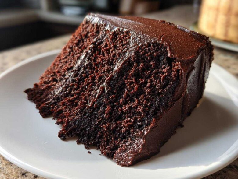 Close-up of a rich, moist slice of Gluten-Free Chocolate Cake covered in thick chocolate frosting on a white plate.