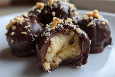 Close-up of No-Bake Chocolate Covered Banana Bites, one bitten open revealing the banana center, topped with chopped nuts.