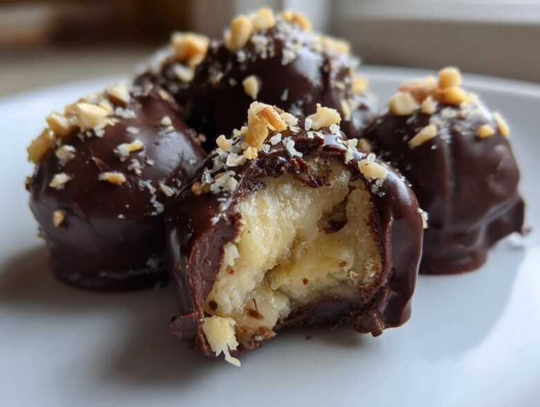 Close-up of No-Bake Chocolate Covered Banana Bites, one bitten open revealing the banana center, topped with chopped nuts.