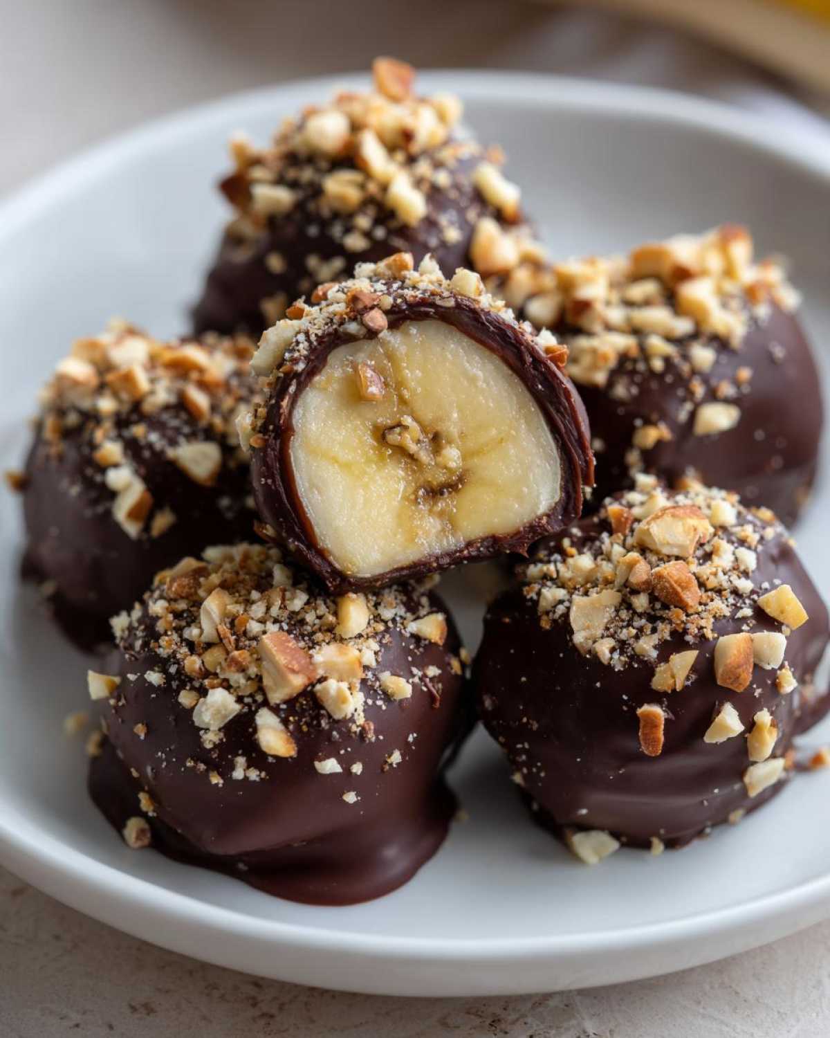Close-up of No-Bake Chocolate Covered Banana Bites dipped in chocolate and topped with chopped nuts.