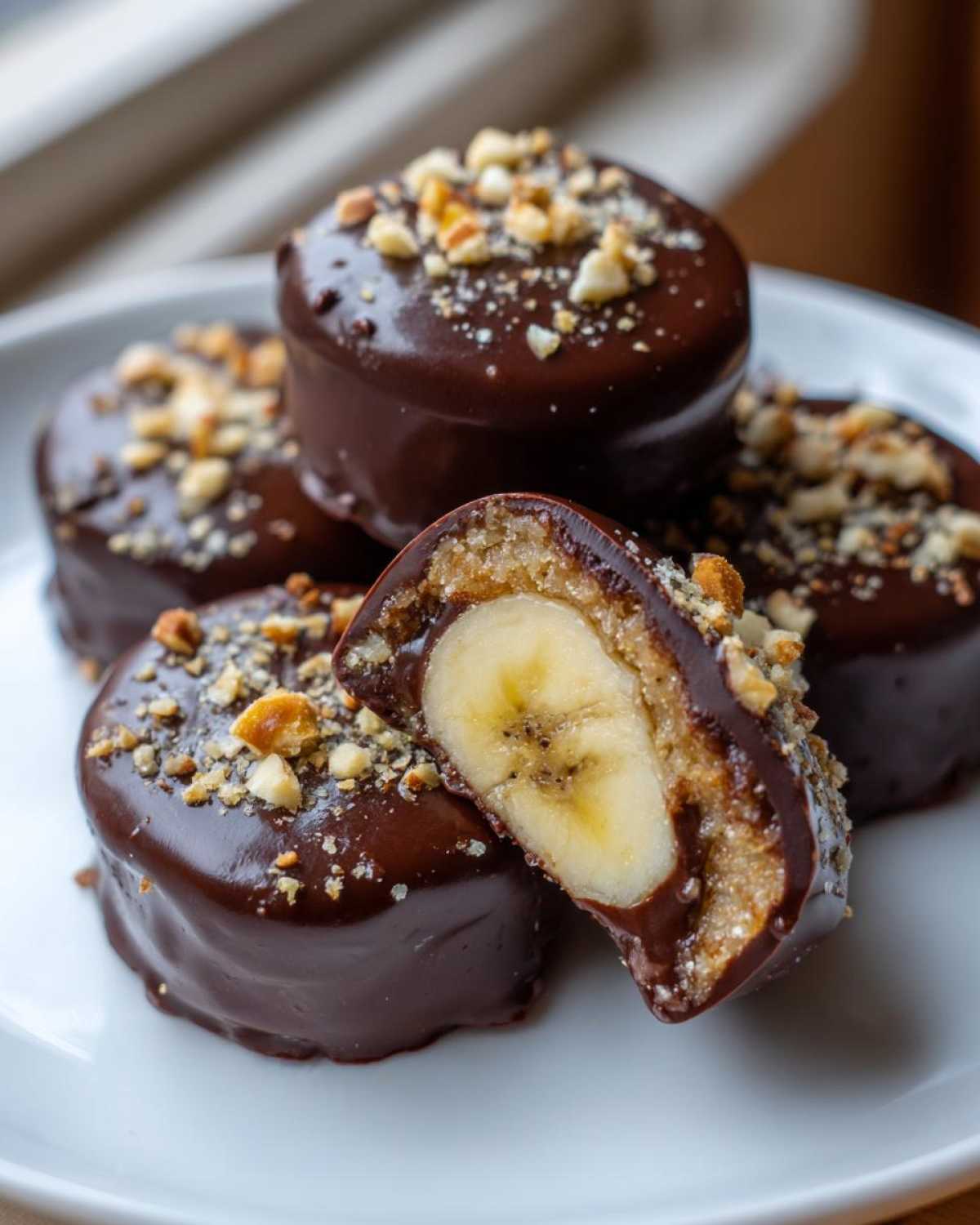 A stack of No-Bake Chocolate Covered Banana Bites, one cut in half showing the banana center and topped with chopped nuts.