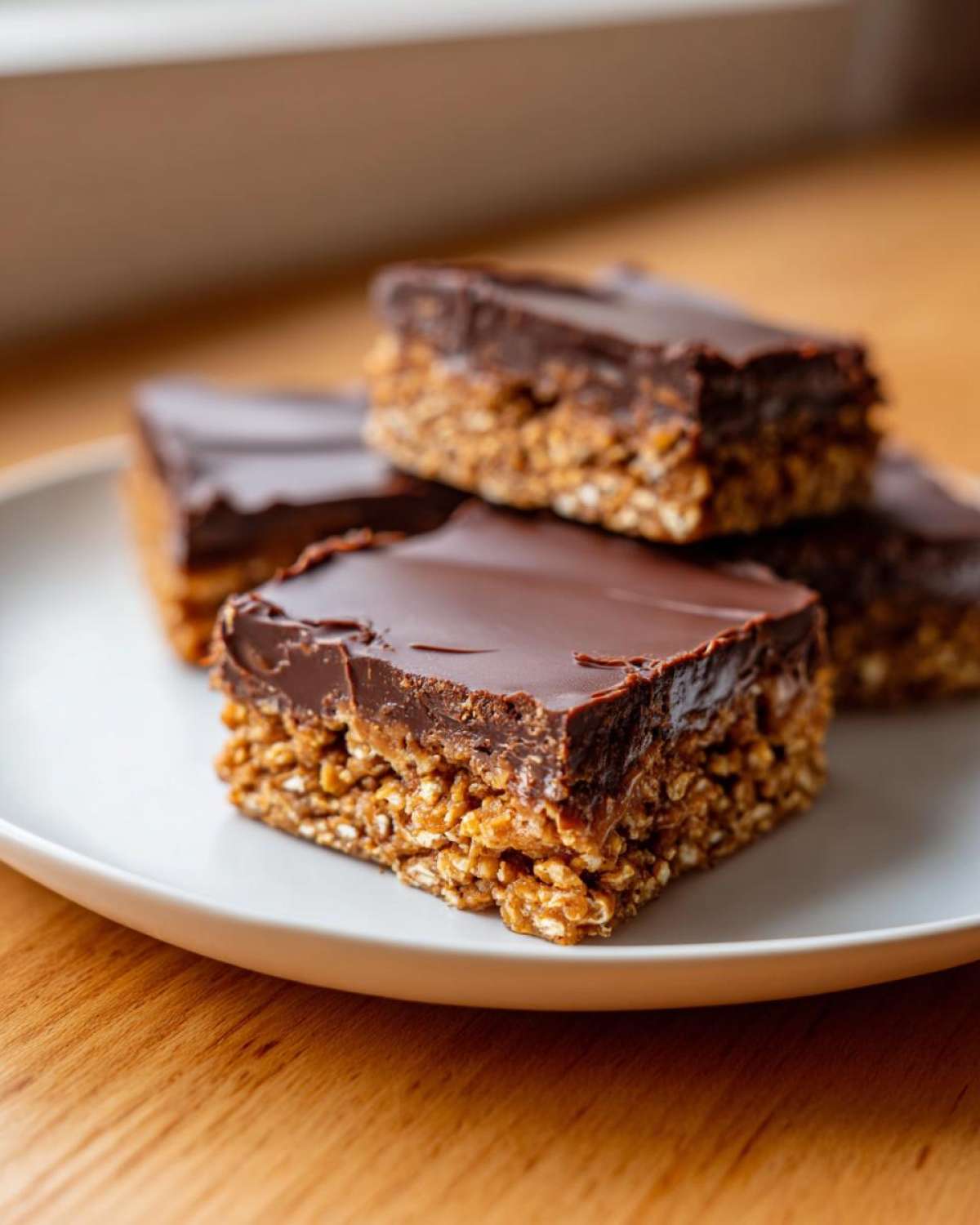 Close-up of stacked No-Bake Chocolate Peanut Butter Oat Bars with a thick chocolate topping on a white plate.
