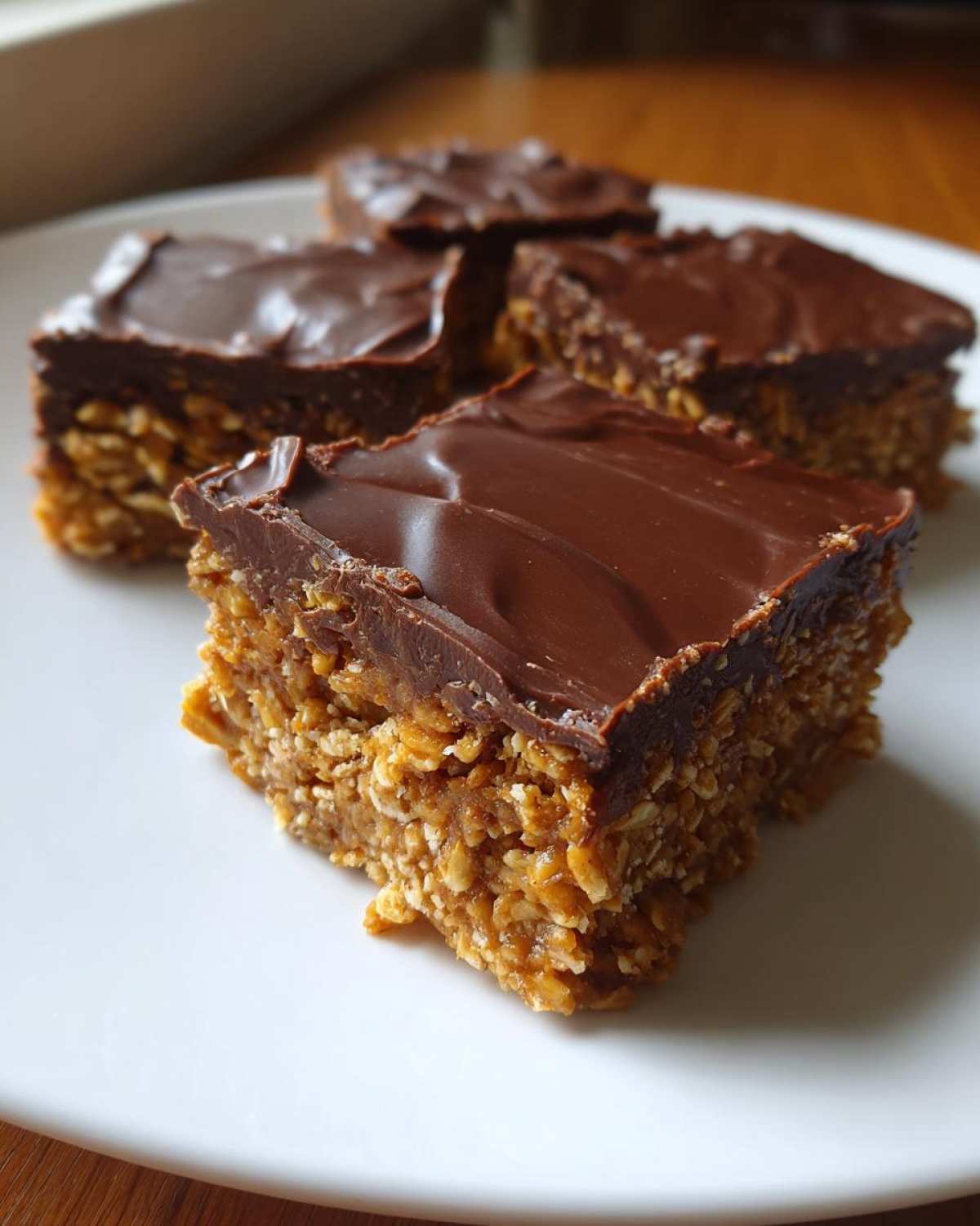 Four squares of No-Bake Chocolate Peanut Butter Oat Bars with a thick chocolate topping served on a white plate.