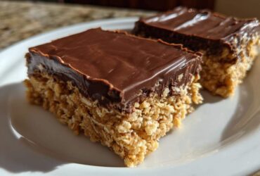 Two squares of No-Bake Chocolate Peanut Butter Oat Bars with a thick chocolate topping resting on a white plate.