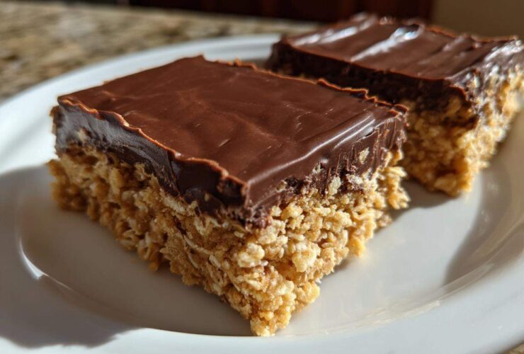 Two squares of No-Bake Chocolate Peanut Butter Oat Bars with a thick chocolate topping resting on a white plate.