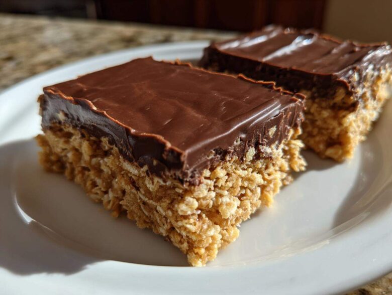 Two squares of No-Bake Chocolate Peanut Butter Oat Bars with a thick chocolate topping resting on a white plate.