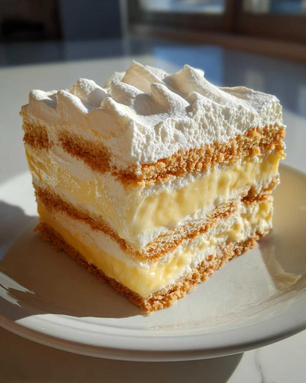A square slice of No-Bake Lemon Icebox Cake showing layers of graham crackers, lemon filling, and whipped topping.