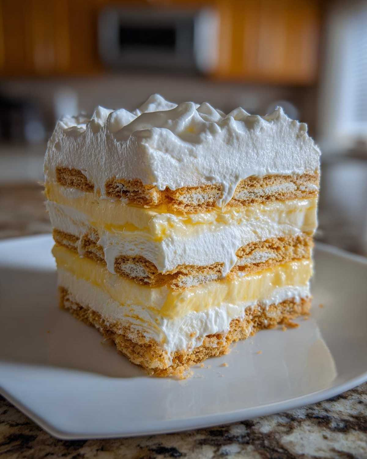 A tall, layered slice of No-Bake Lemon Icebox Cake featuring graham crackers, lemon filling, and whipped topping.