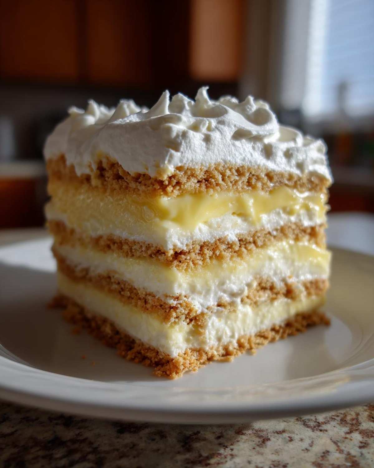 A perfect square slice of No-Bake Lemon Icebox Cake showing layers of graham cracker, lemon filling, and whipped cream.