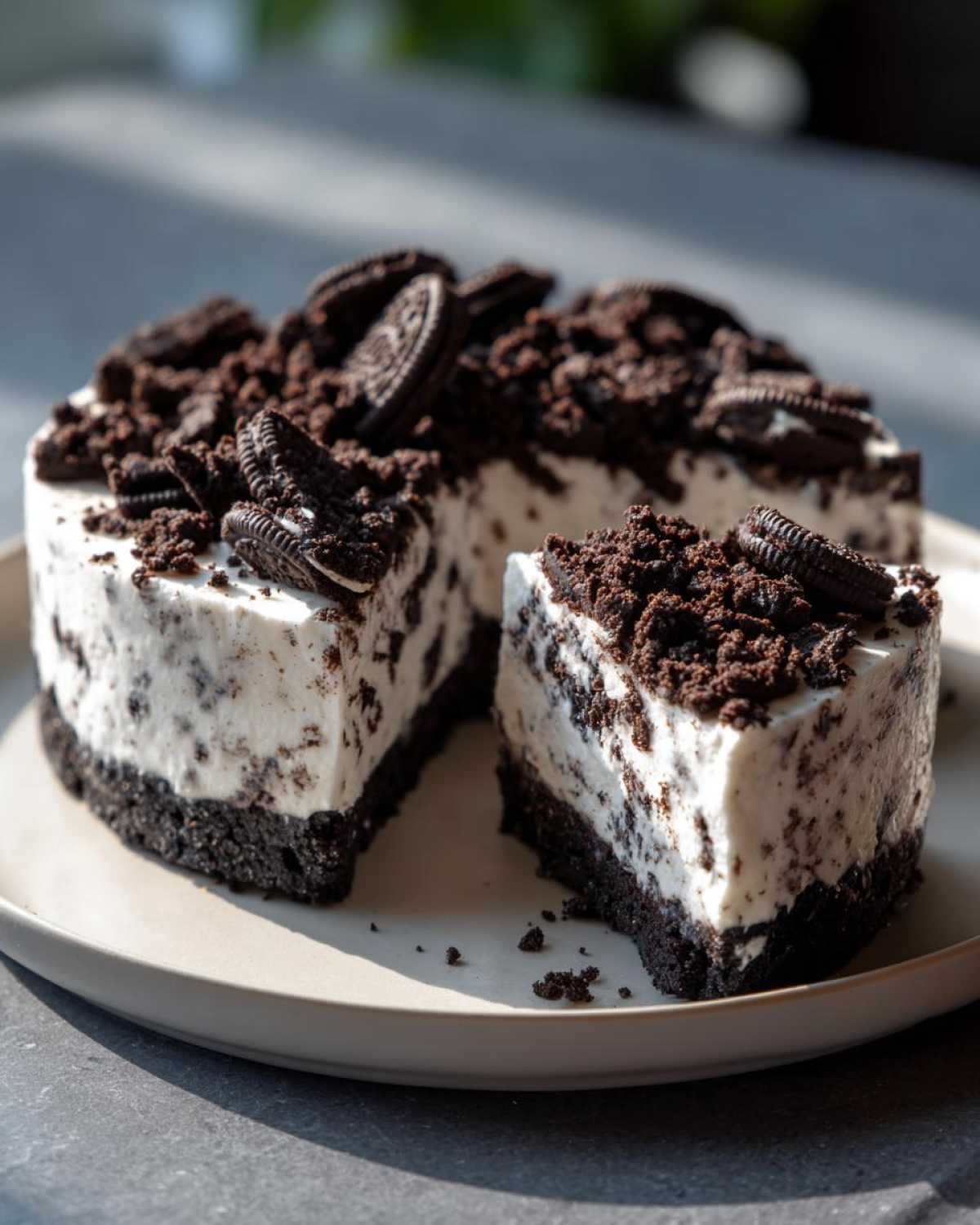 A slice cut from a No-Bake Oreo Cheesecake, showing the creamy filling and dark crust, topped with crushed Oreos.