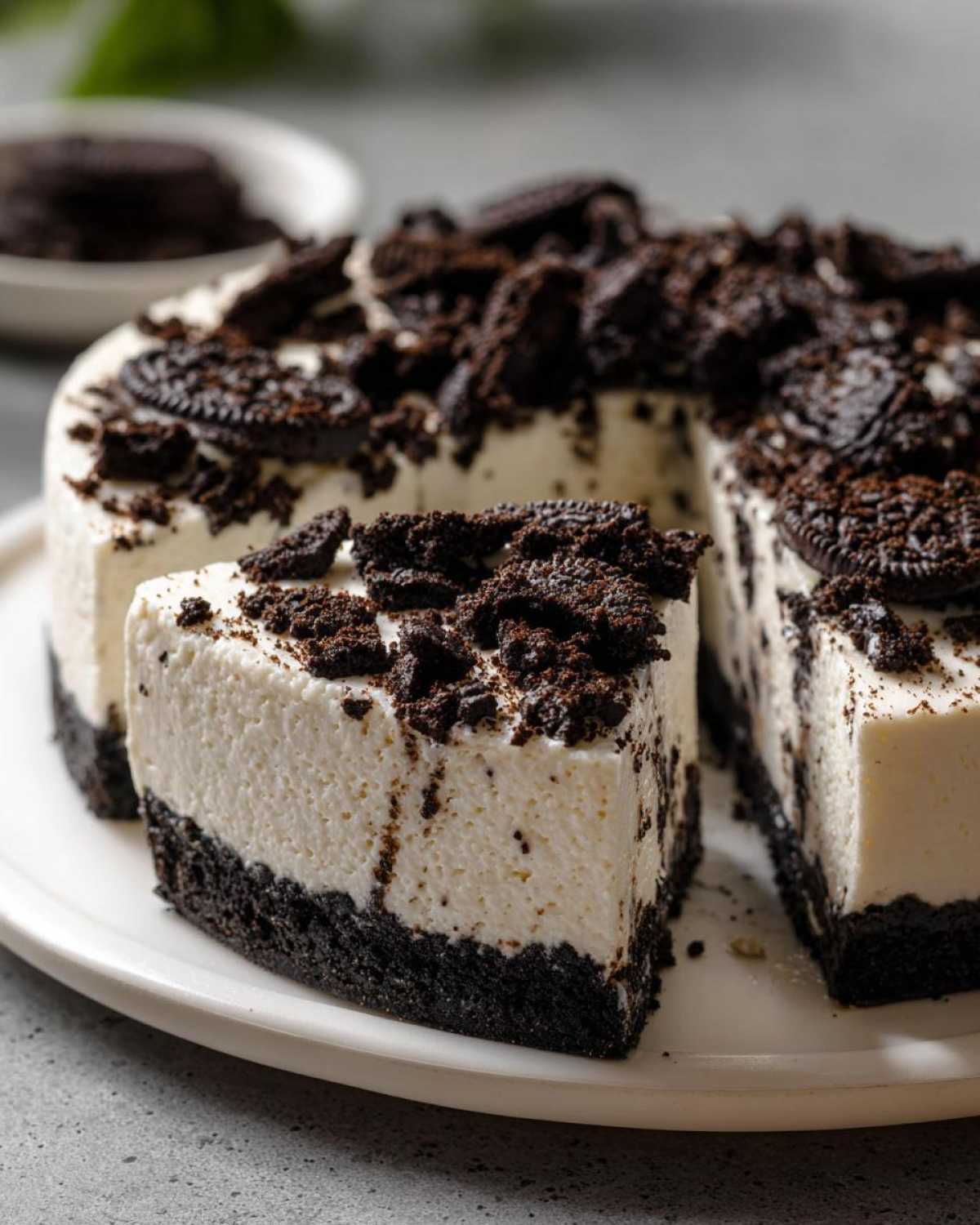 A slice cut from a No-Bake Oreo Cheesecake, showing the thick white filling and dark Oreo crust, topped with crushed cookies.