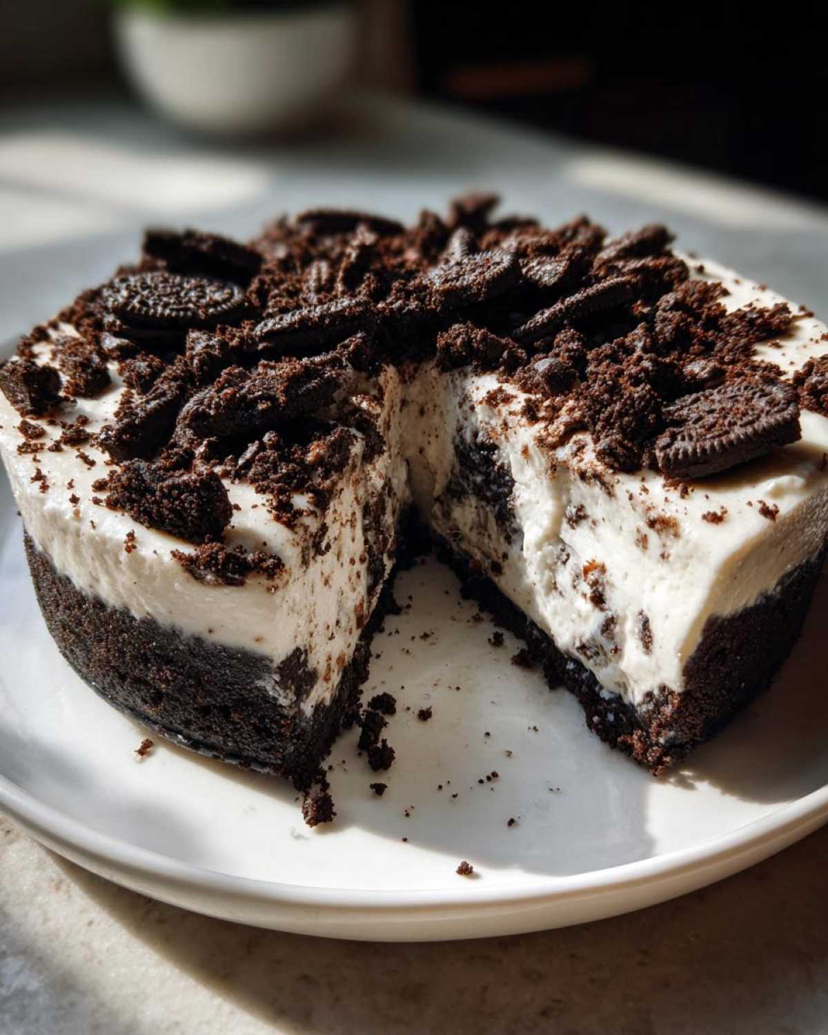 A slice cut from a No-Bake Oreo Cheesecake, showing the creamy filling and dark crust, topped with crushed Oreos.