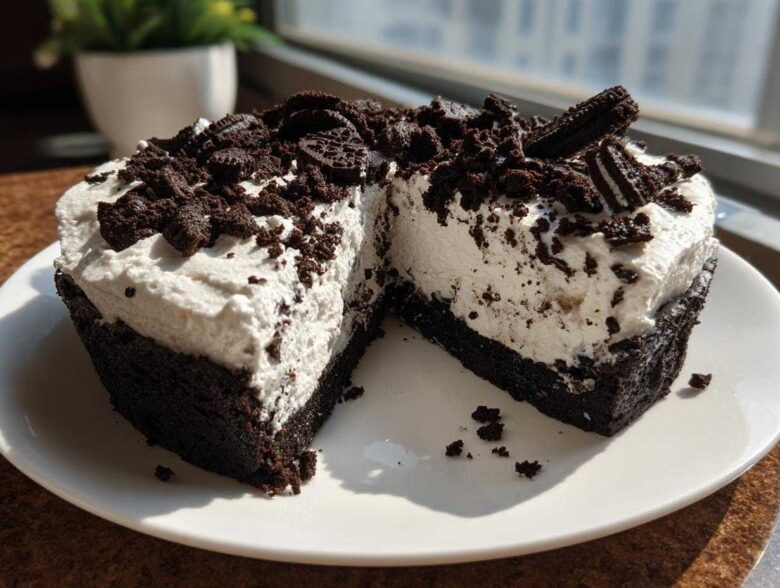 A close-up of a slice of No-Bake Oreo Cheesecake showing the dark crust and creamy filling topped with cookie crumbles.