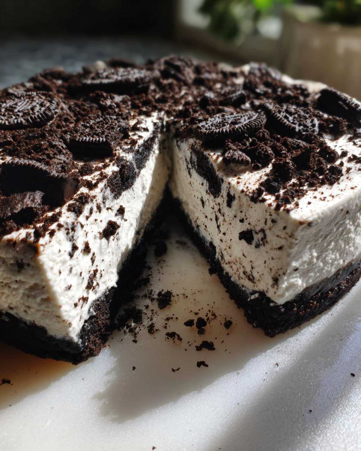 Close-up of a rich No-Bake Oreo Cheesecake with a slice removed, showing the creamy filling and Oreo crust.