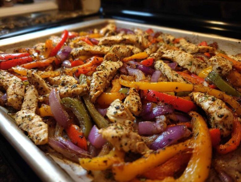 Close-up of seasoned chicken strips mixed with colorful bell peppers and red onions fresh from the oven for One-Pan Chicken Fajitas with Peppers and Onions.