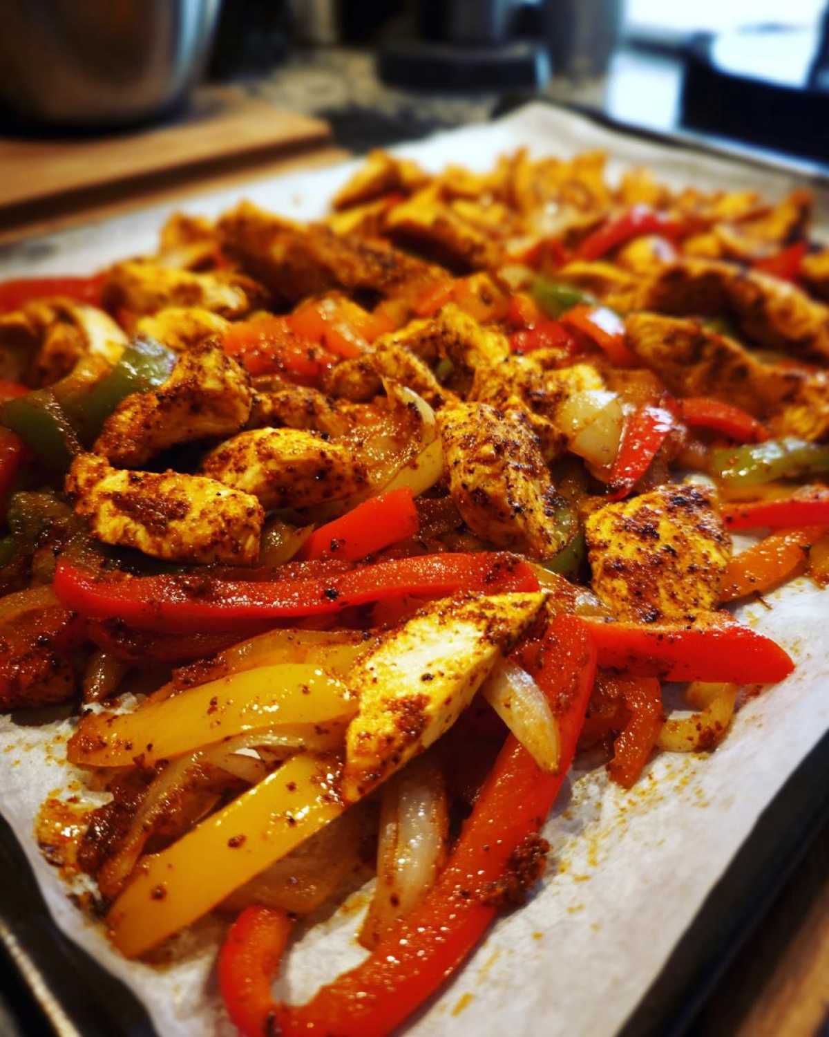 Close-up of seasoned chicken strips mixed with sliced red, yellow, and green peppers and onions on a baking sheet for One-Pan Chicken Fajitas.