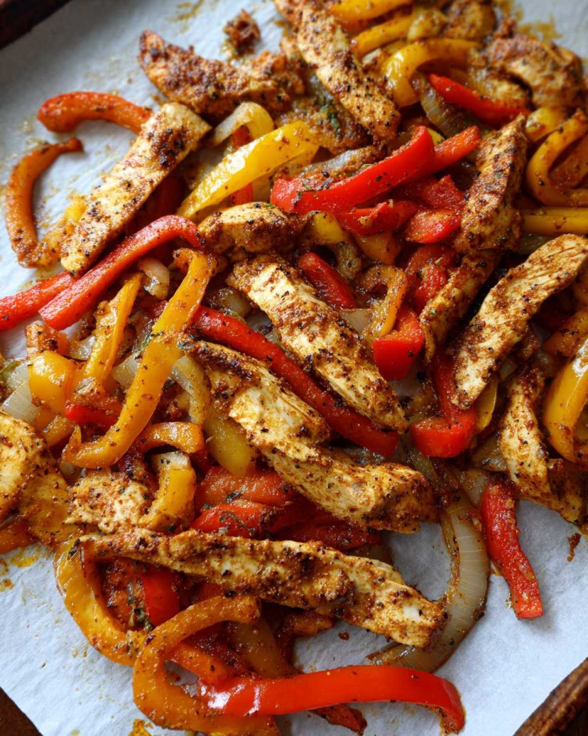 Close-up of seasoned chicken strips mixed with sautéed red and yellow bell peppers and onions for One-Pan Chicken Fajitas with Peppers and Onions.