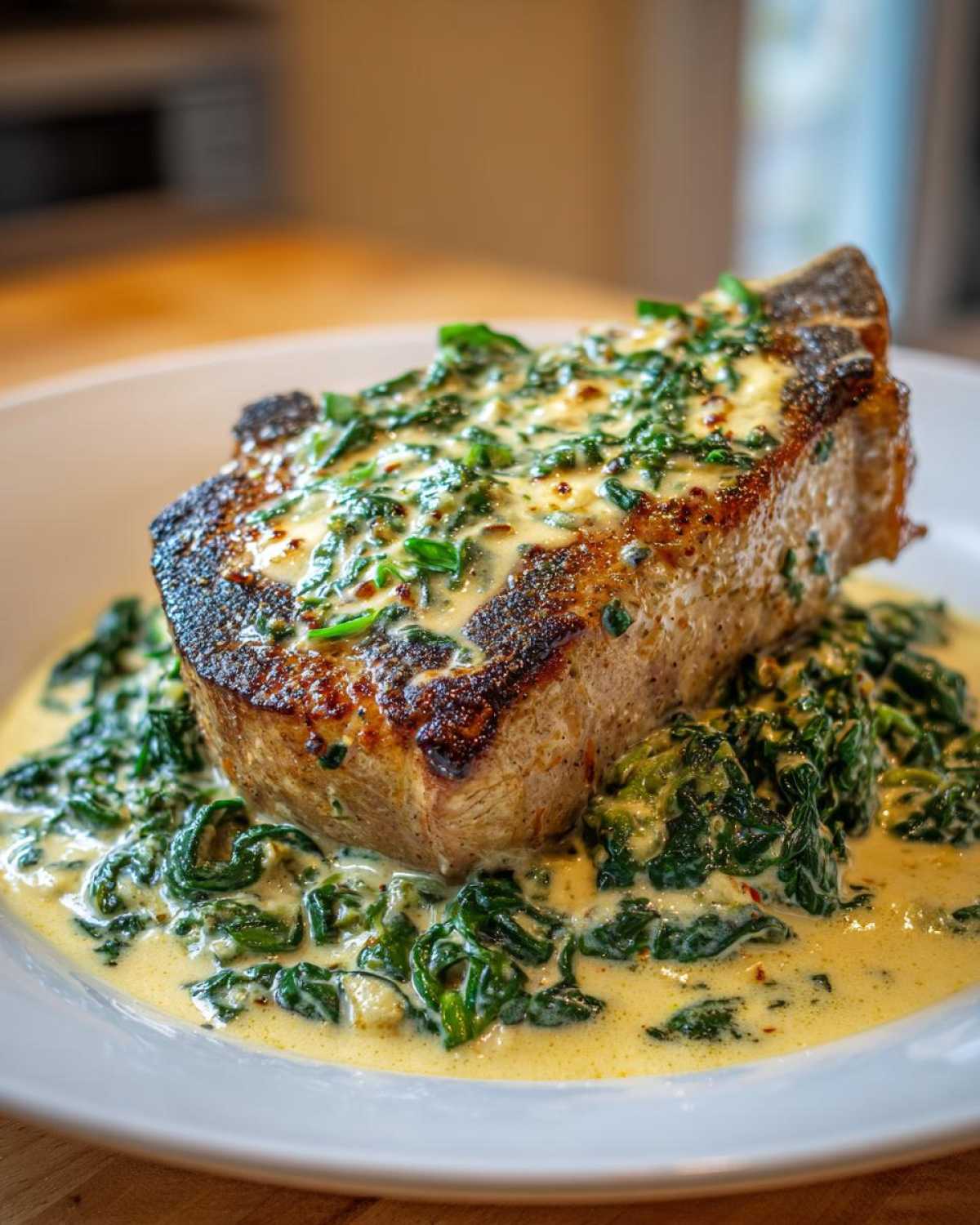 A perfectly seared pork chop smothered in creamy garlic sauce and spinach, ready to eat.