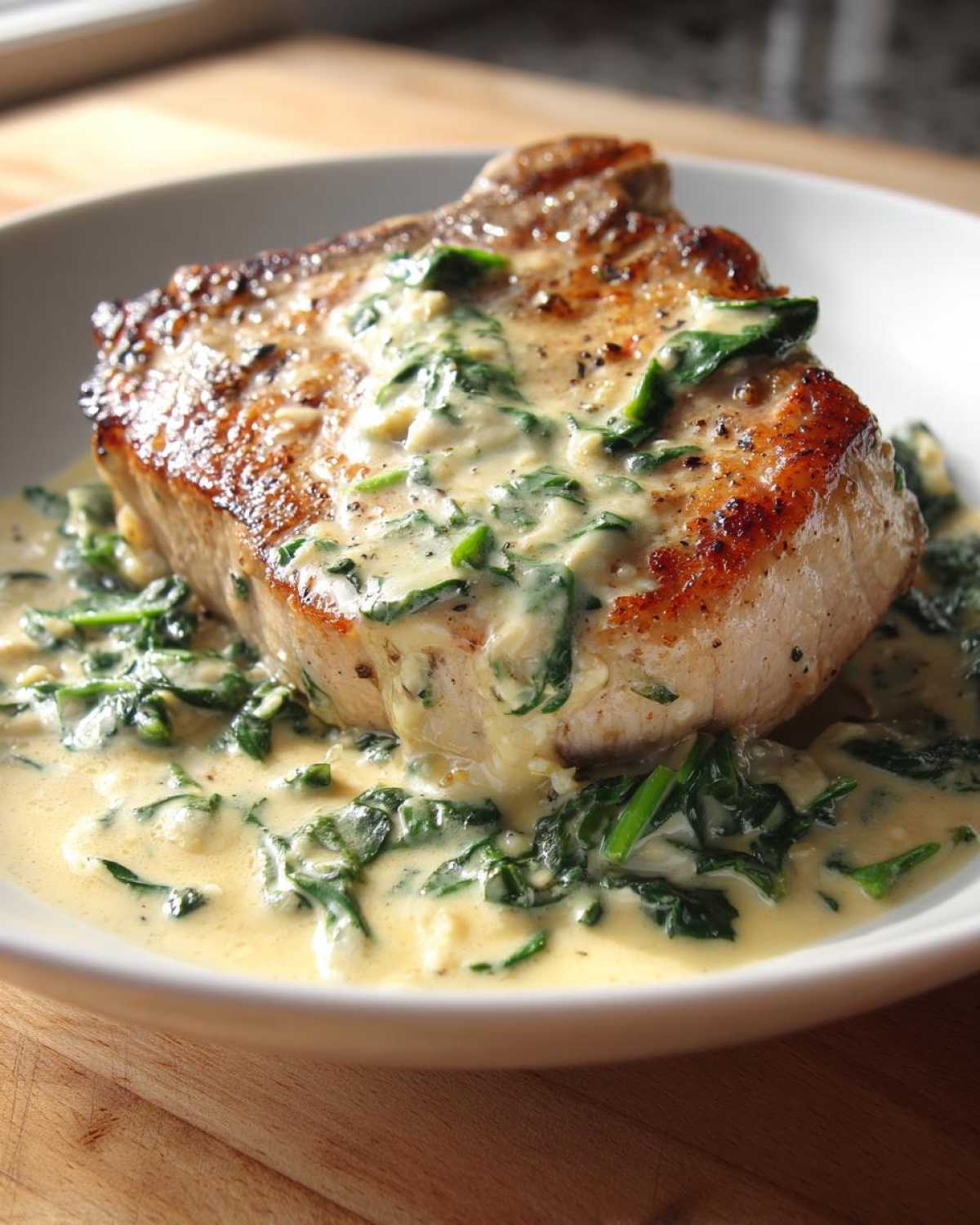A perfectly seared pork chop topped with creamy garlic sauce and wilted spinach, a key component of One-Pan Creamy Garlic Pork Chops.