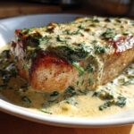 A thick, seared pork chop smothered in a creamy garlic sauce with wilted spinach, served in a white bowl.