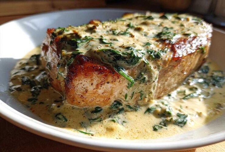 A thick, seared pork chop smothered in a creamy garlic sauce with wilted spinach, served in a white bowl.