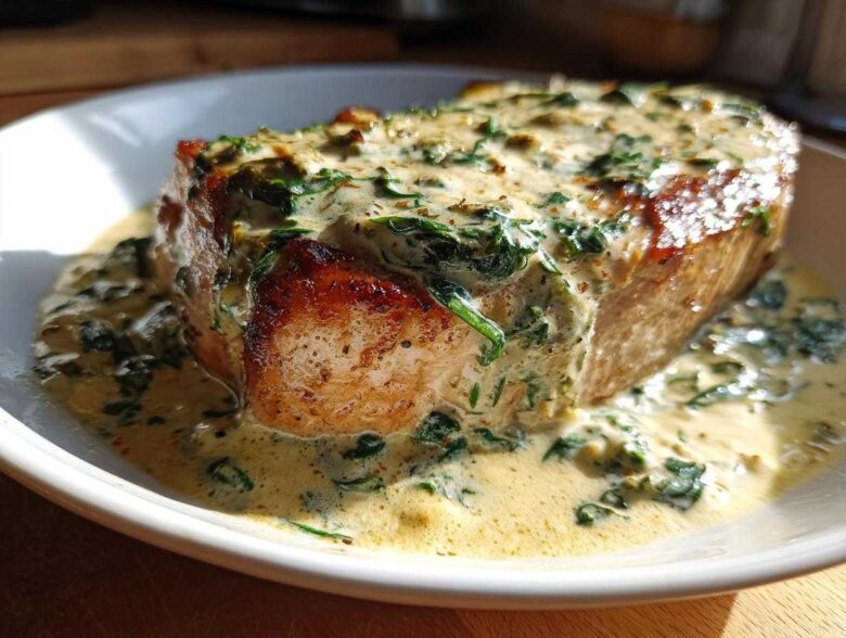 A thick, seared pork chop smothered in a creamy garlic sauce with wilted spinach, served in a white bowl.