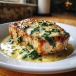 A thick, seared pork chop smothered in creamy garlic sauce with wilted spinach, part of the One-Pan Creamy Garlic Pork Chops recipe.