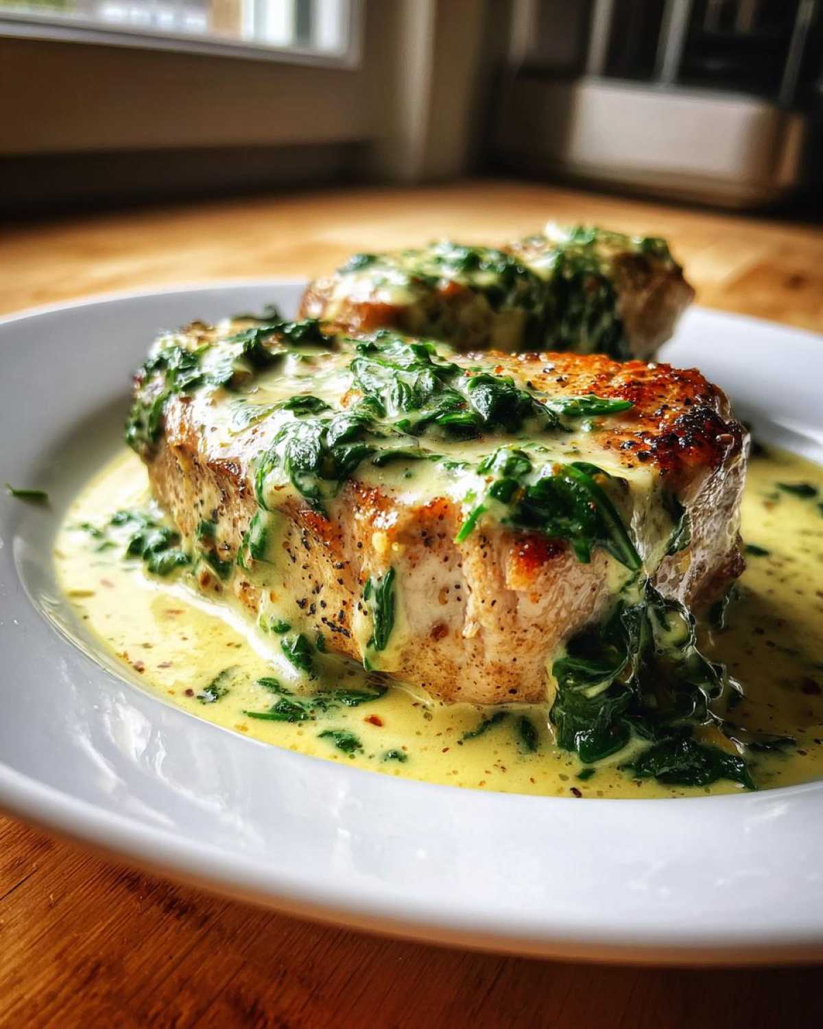 Two seared pork chops smothered in a creamy garlic sauce with wilted spinach, served on a white plate.