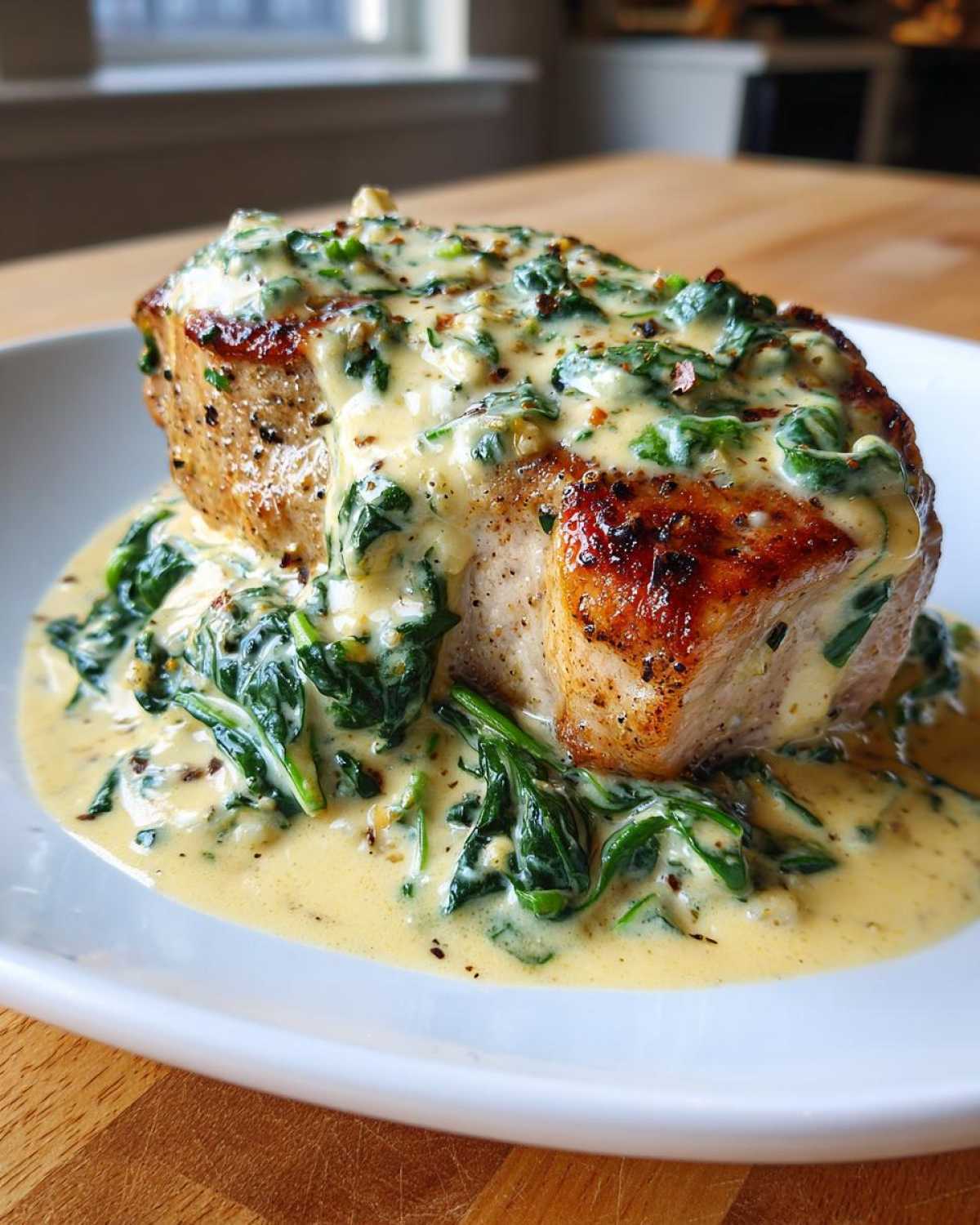 A perfectly seared pork chop smothered in a creamy garlic sauce with wilted spinach, ready to eat.