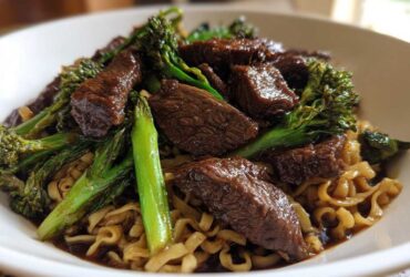 Close-up of tender beef chunks and bright green broccoli mixed with ramen noodles in a savory sauce.