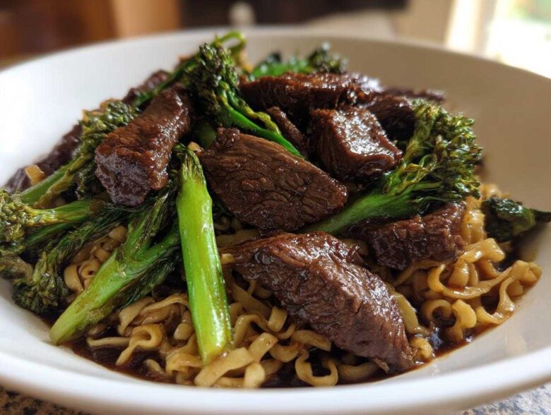 Close-up of tender beef chunks and bright green broccoli mixed with ramen noodles in a savory sauce.