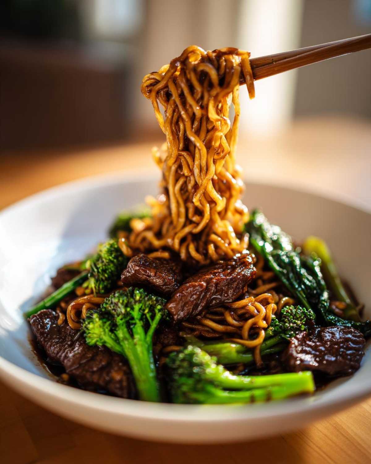 Chopsticks lifting saucy noodles from a bowl of One-Pot Beef and Broccoli Ramen Noodles with chunks of beef and bright green broccoli.