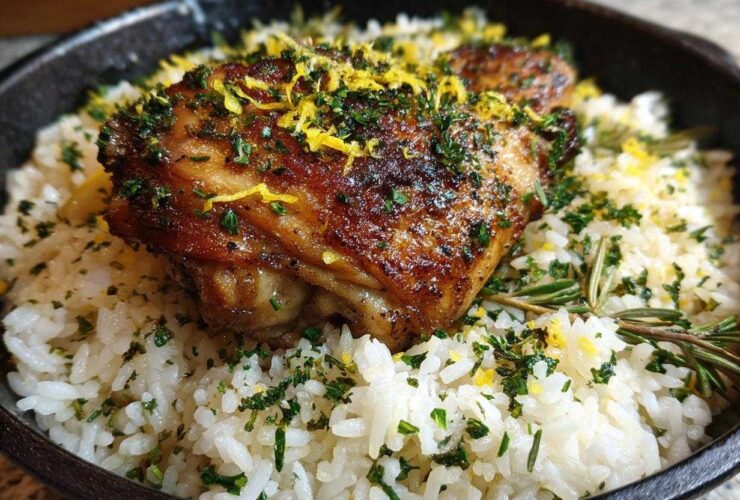 Close-up of One-Pot Chicken and Rice with Lemon and Herbs, featuring crispy chicken over white rice with lemon zest and parsley.