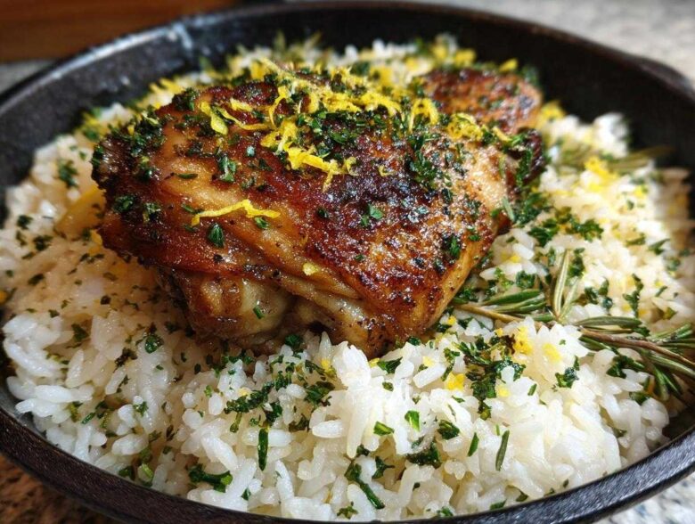 Close-up of One-Pot Chicken and Rice with Lemon and Herbs, featuring crispy chicken over white rice with lemon zest and parsley.