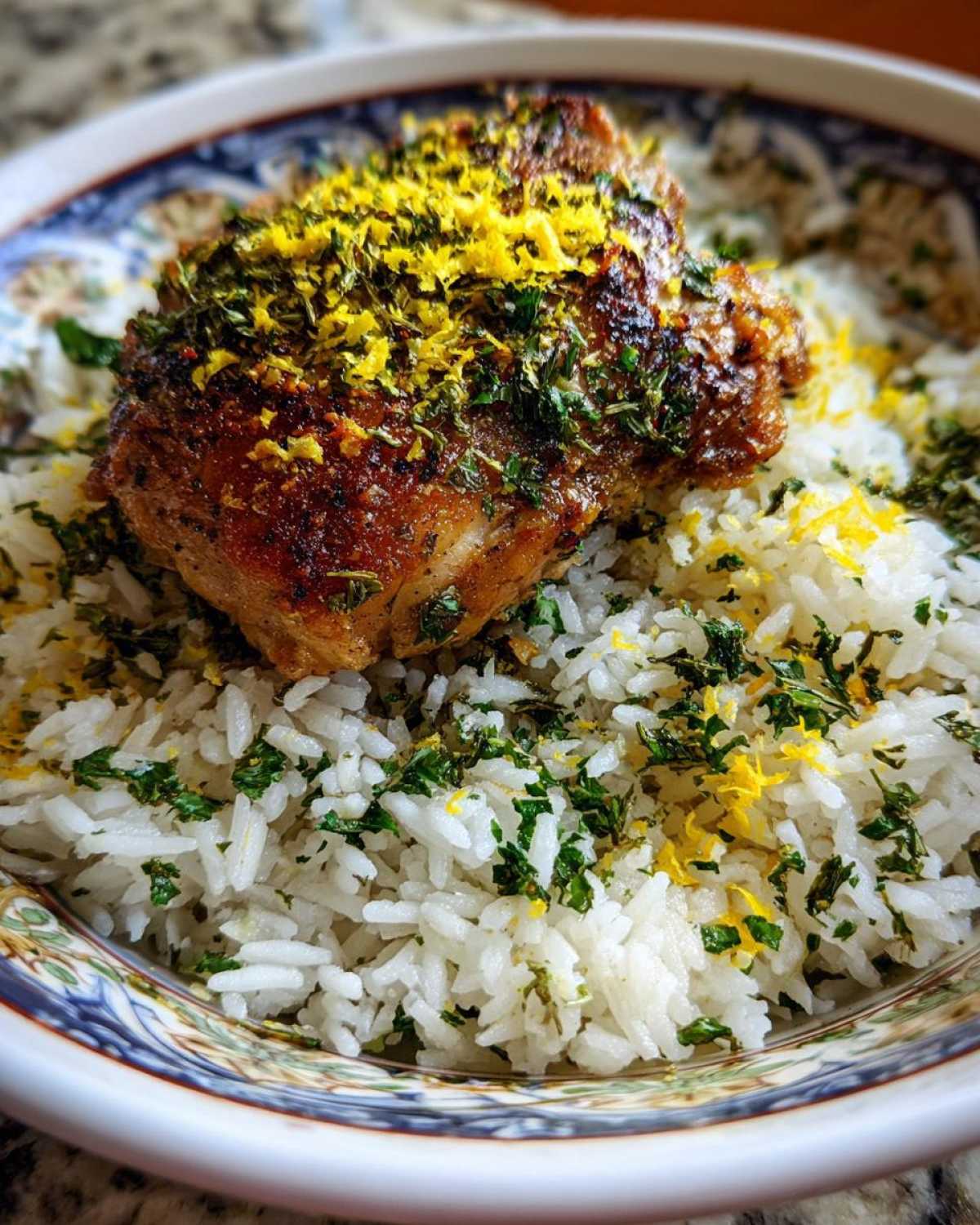 A close-up of a serving of One-Pot Chicken and Rice with Lemon and Herbs, topped with a seasoned chicken thigh and bright lemon zest.