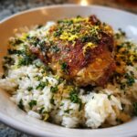 Close-up of a piece of crispy chicken thigh served over white rice, garnished with parsley and lemon zest from the One-Pot Chicken and Rice with Lemon and Herbs.