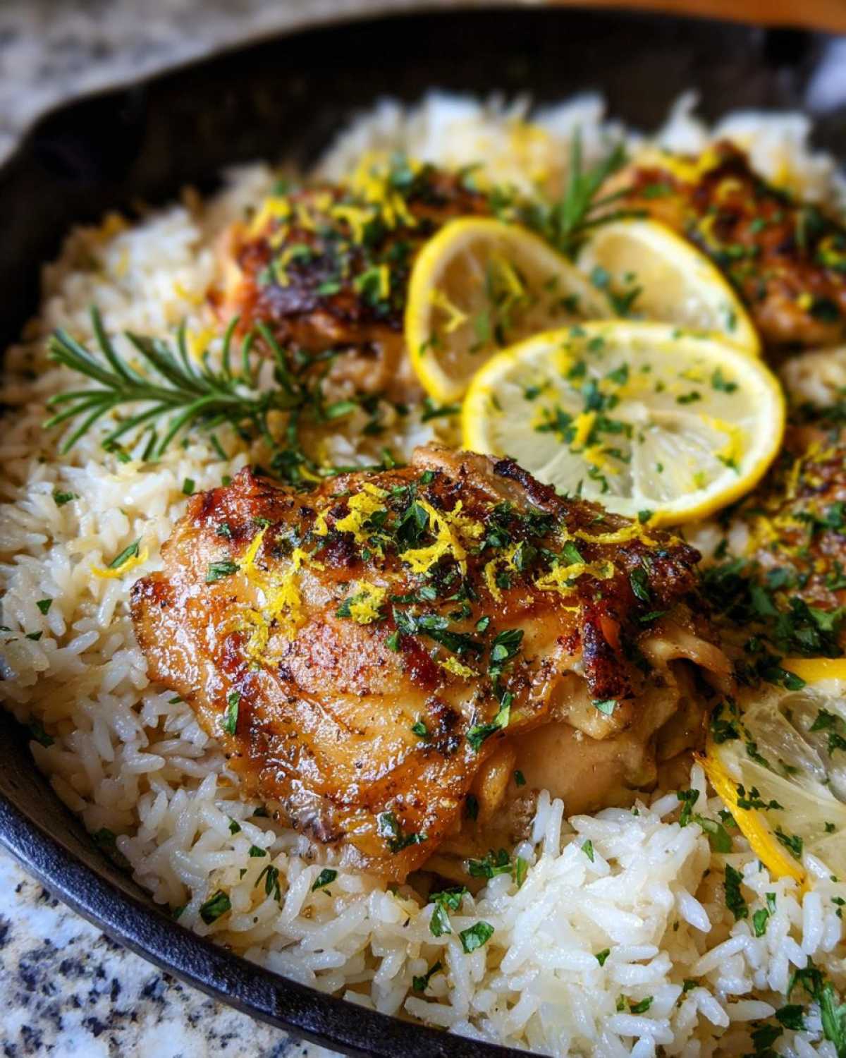 Close-up of golden-brown chicken thighs served over fluffy white rice in a one-pot chicken and rice with lemon and herbs dish.